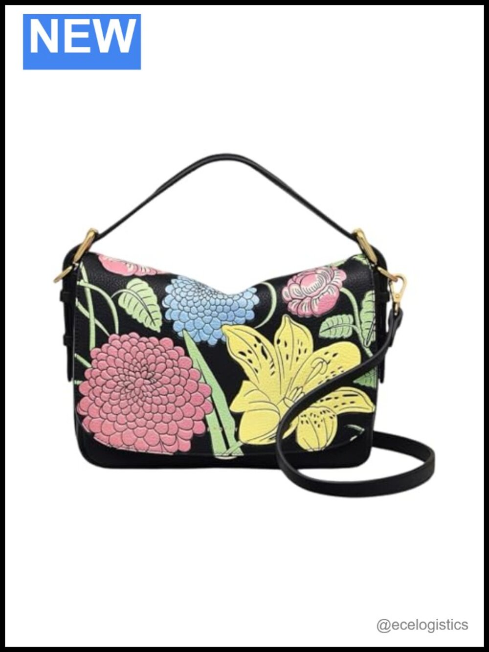 Grain Leather Crossbody Bag Floral Print Flap Push-Lock Adjustable Strap